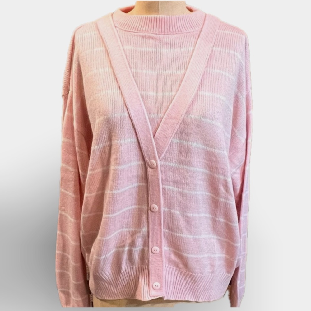 Vintage pink stripe crewneck cardigan sweater‎ button front cottage sweet spring